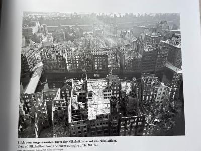 Historic photo of bombing damage from Nikolaikirche steeple.